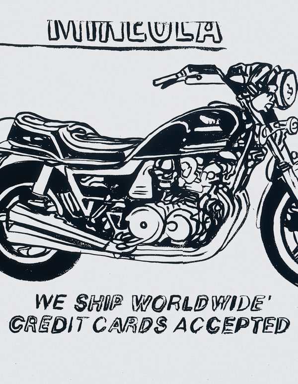 Reappropriated from a motorcycle ad and inspired by Marlon Brando, an unusually large and monochrome Andy Warhol painting evokes wit, subculture and consumerism.