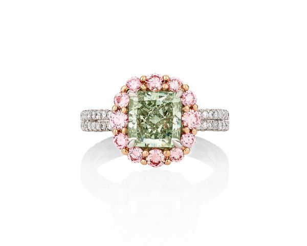 Fancy Intense Green diamond, diamond, and pink sapphire ring