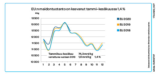 EU:n maidontuotanto on kasvanut tammi-kesäkussa 1,4 %