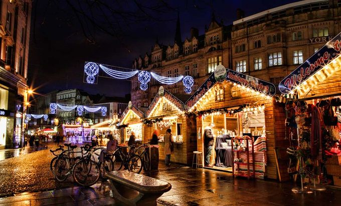 Image of the markets with christmas lights at Sheffield City Centre Christmas Markets