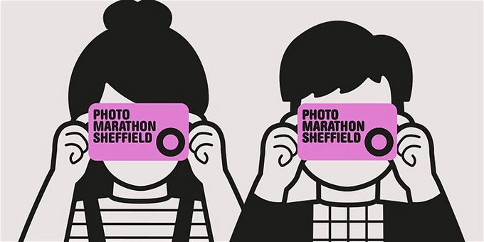 black and white illustration male and female holding purple camera saying photo marathon sheffield pointing it facing forward