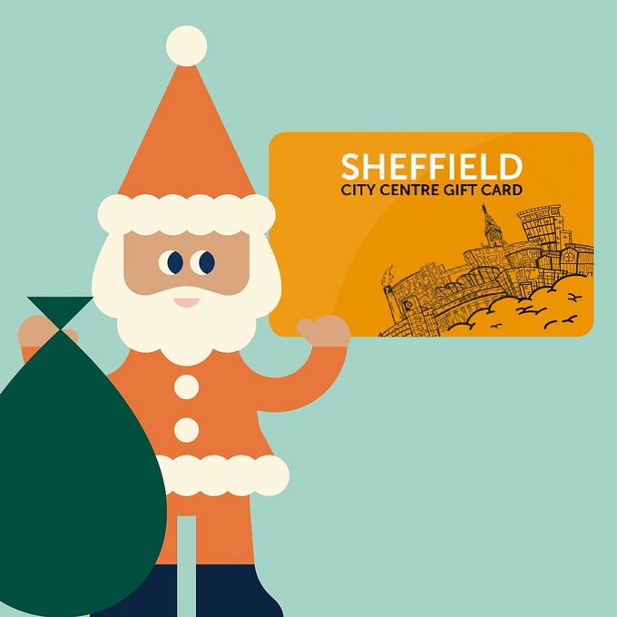 Graphic showing animated Santa holding the Sheffield City Centre Gift Card