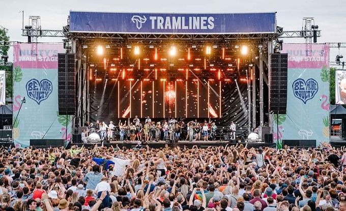 Tramlines mainstage with a huge crowd watching a performance by Chic and Nile rodgers.