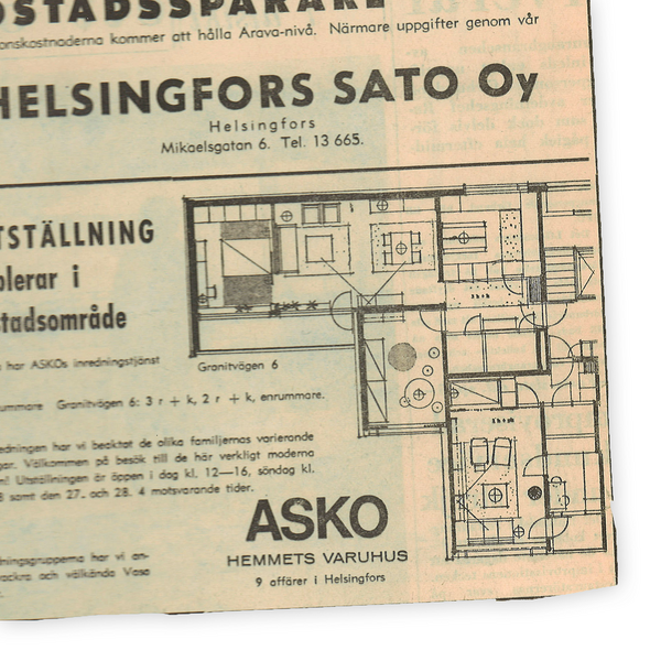 Kuvassa lehtileike huonekaluliike Askon mainoksesta, jossa kuvituksena asunnon pohjaratkaisu.