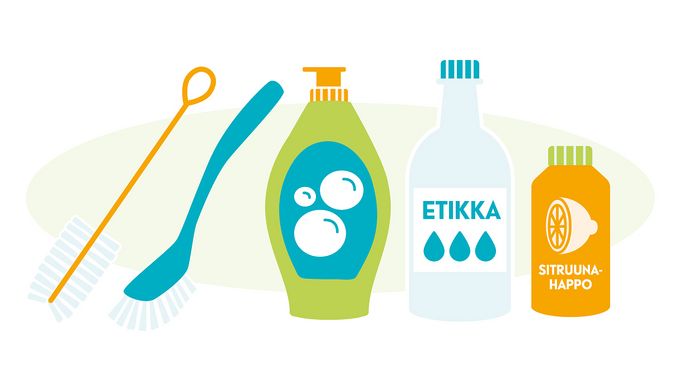 Astianpesukoneen pesu etikalla, sitruunahapolla, ekologisesti.