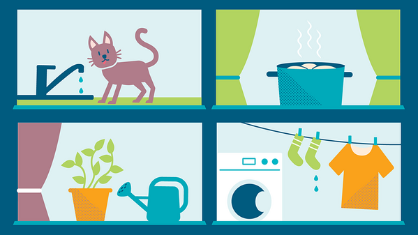 Piirroskuva ikkunasta, jossa näkyy kissa juomassa hanasta, kattila, jossa keitetään perunoita, kukkaruukku ja kastelukannu sekä pyykinpesukone ja vaatteet roikkumassa pyykkinarusta.